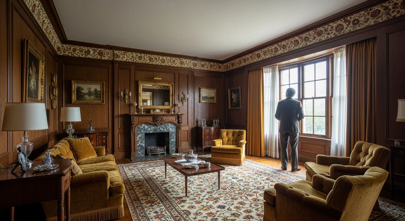 Vintage living room with 1970s decor and dark wood, showing the Amityville house inside 1974.