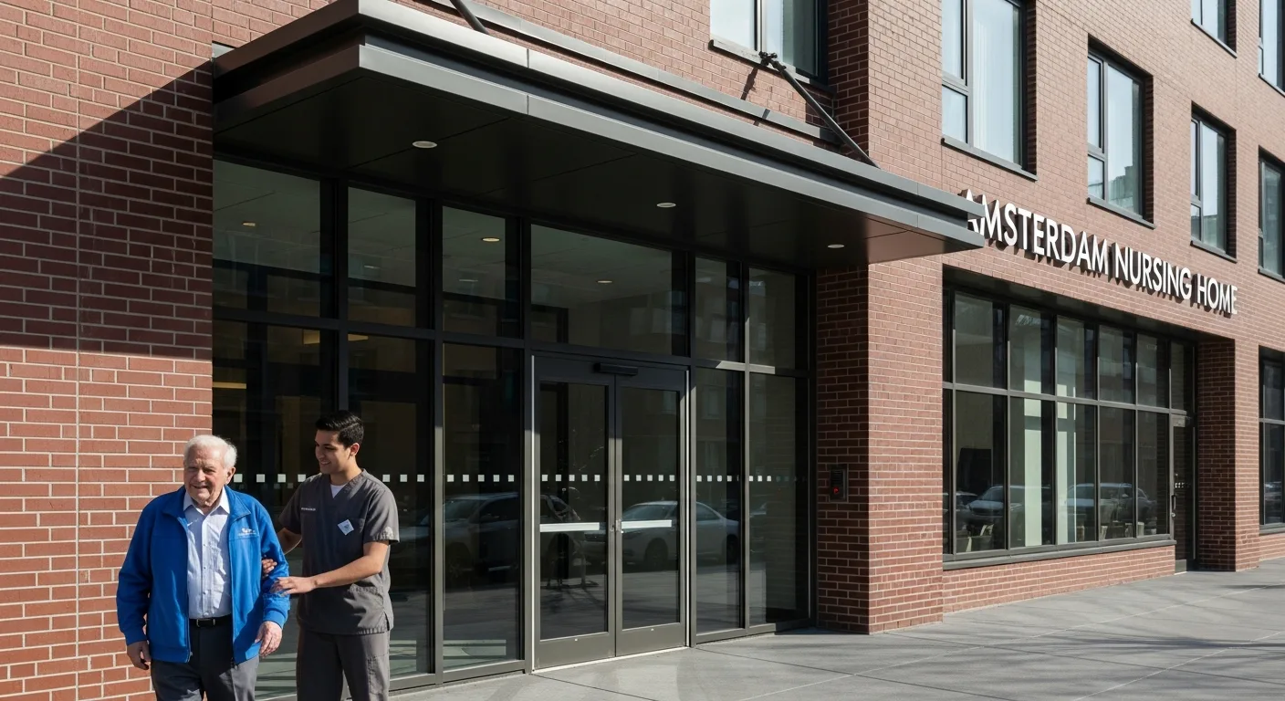 Exterior view of Amsterdam Nursing Home building on a quiet street in Manhattan.