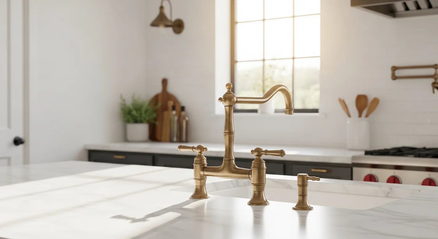 Elegant antique brass kitchen faucet installed on a white marble countertop in a modern, sunlit kitchen.
