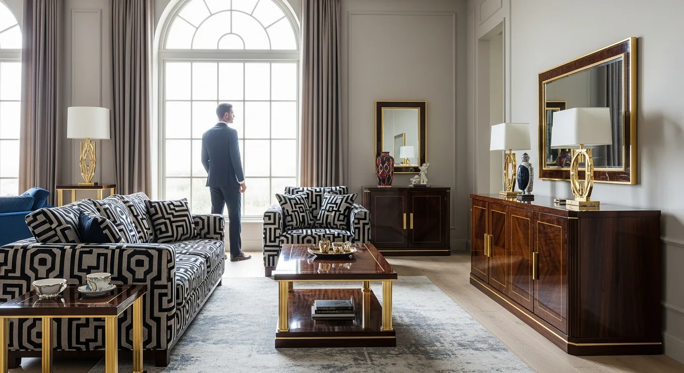 Elegant living room featuring luxury art deco furniture with geometric patterns and gold accents for sophisticated interiors.