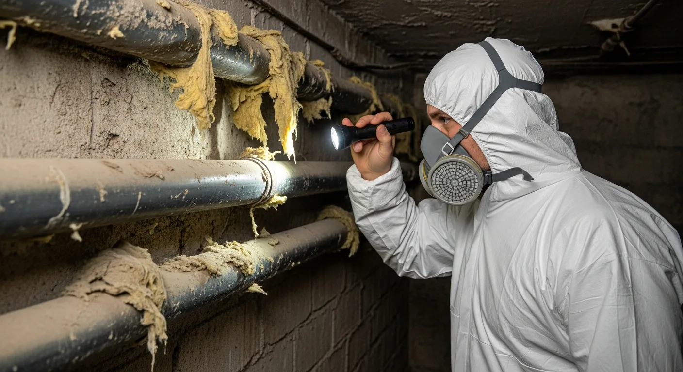 A professional inspector examining old attic insulation to identify potential asbestos in house during a safety check.