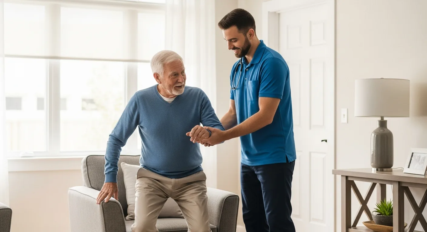 An elderly man receiving professional care and support through assisted living at home in a bright living room.