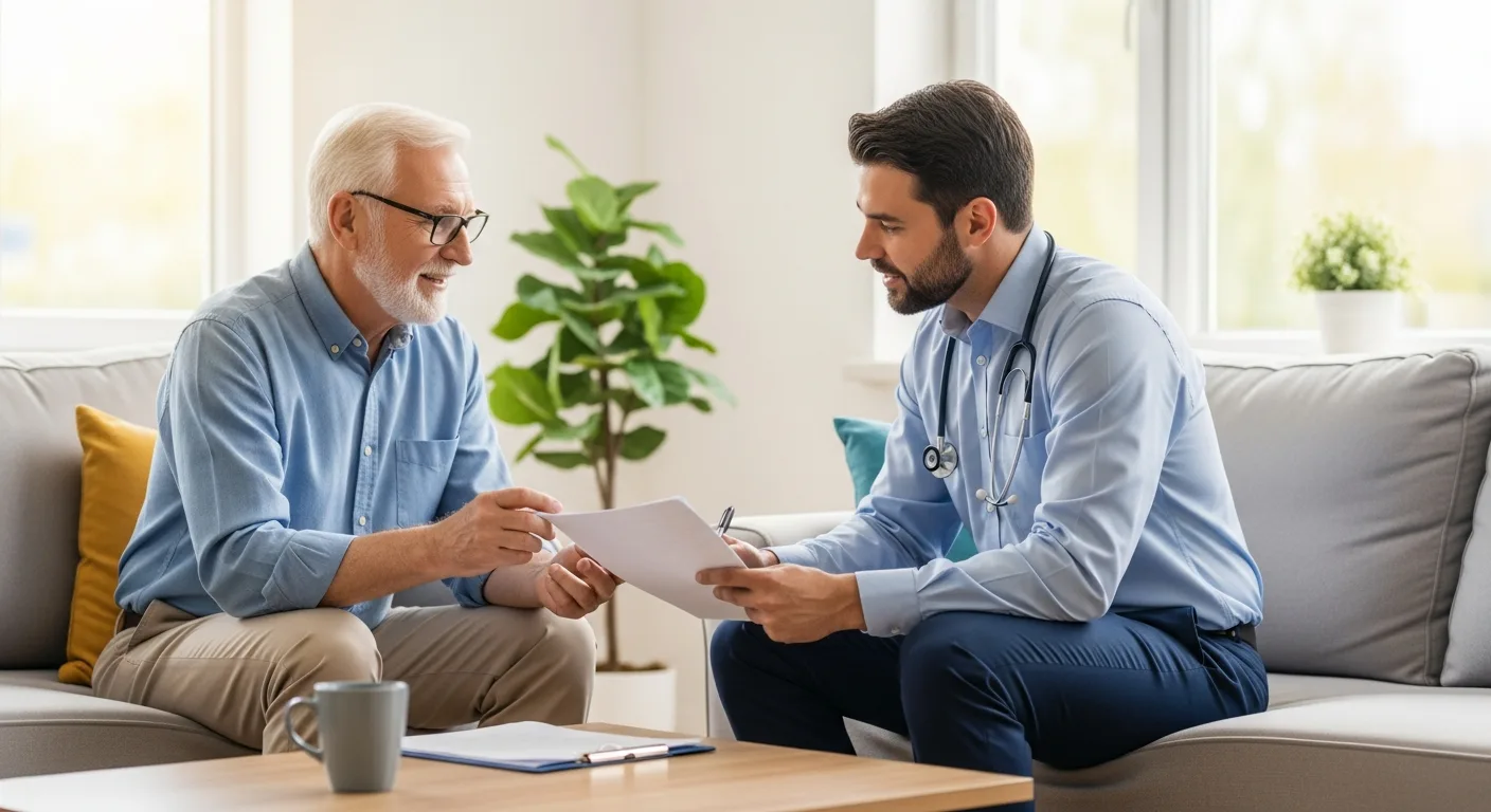 A senior man evaluating assisted living vs nursing home options with a male advisor.