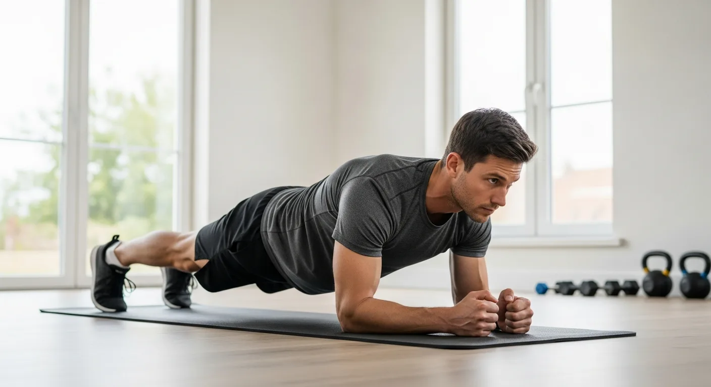 A fit man performing at home ab workouts on a yoga mat in a modern, sunlit living room.
