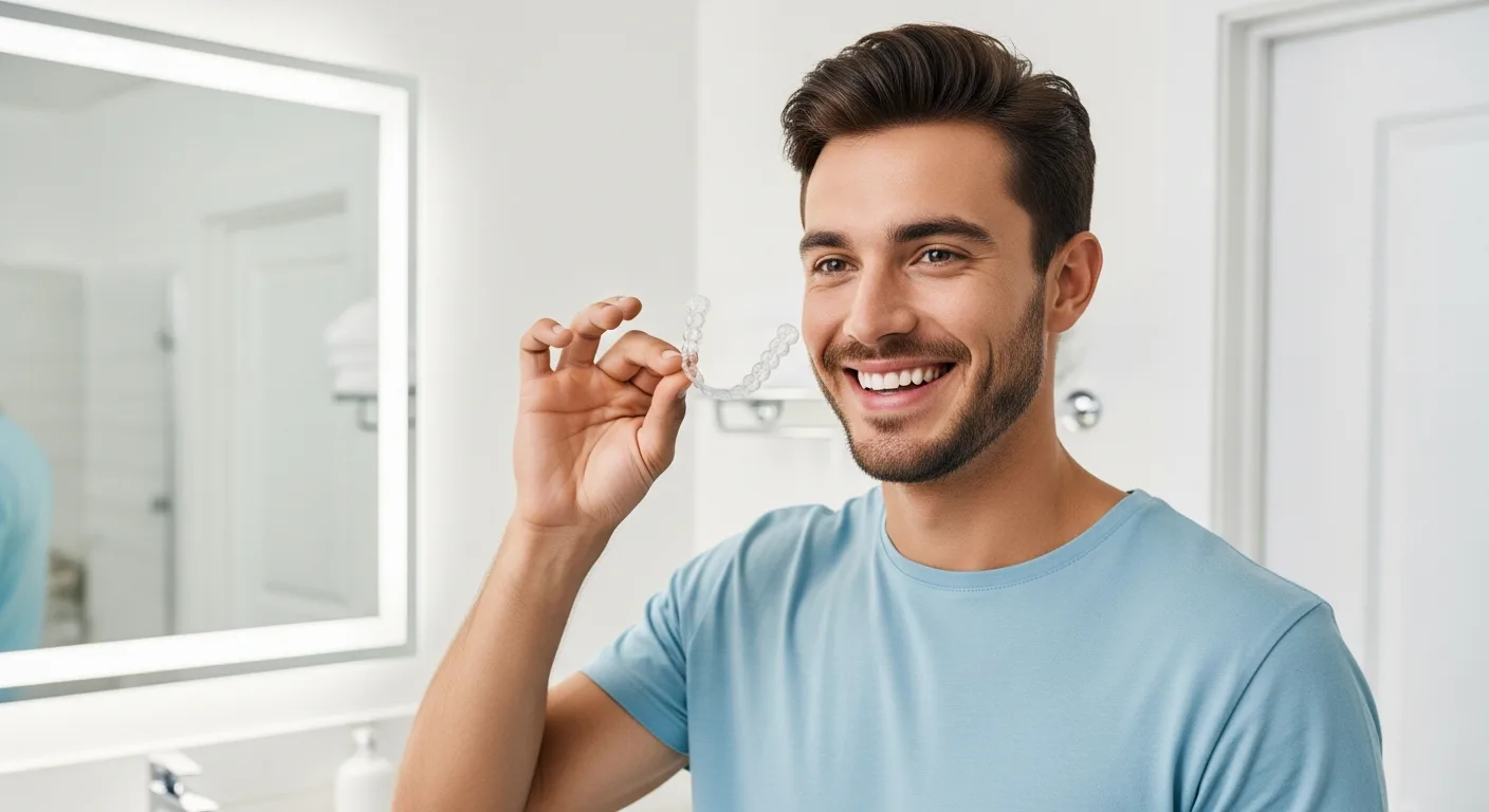 A man smiling while holding a set of clear at home aligners for remote teeth straightening.