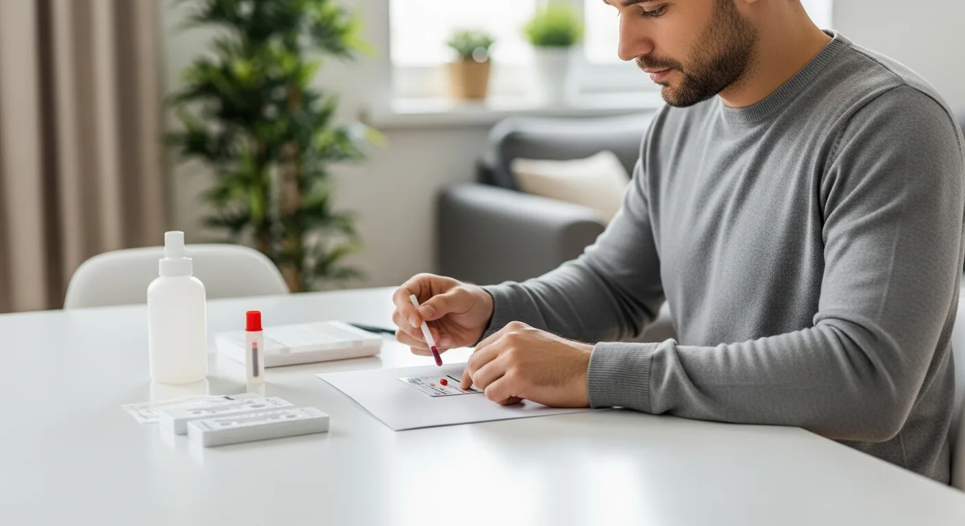 A man carefully performing an at home blood type test using a sterile lancet and testing card.