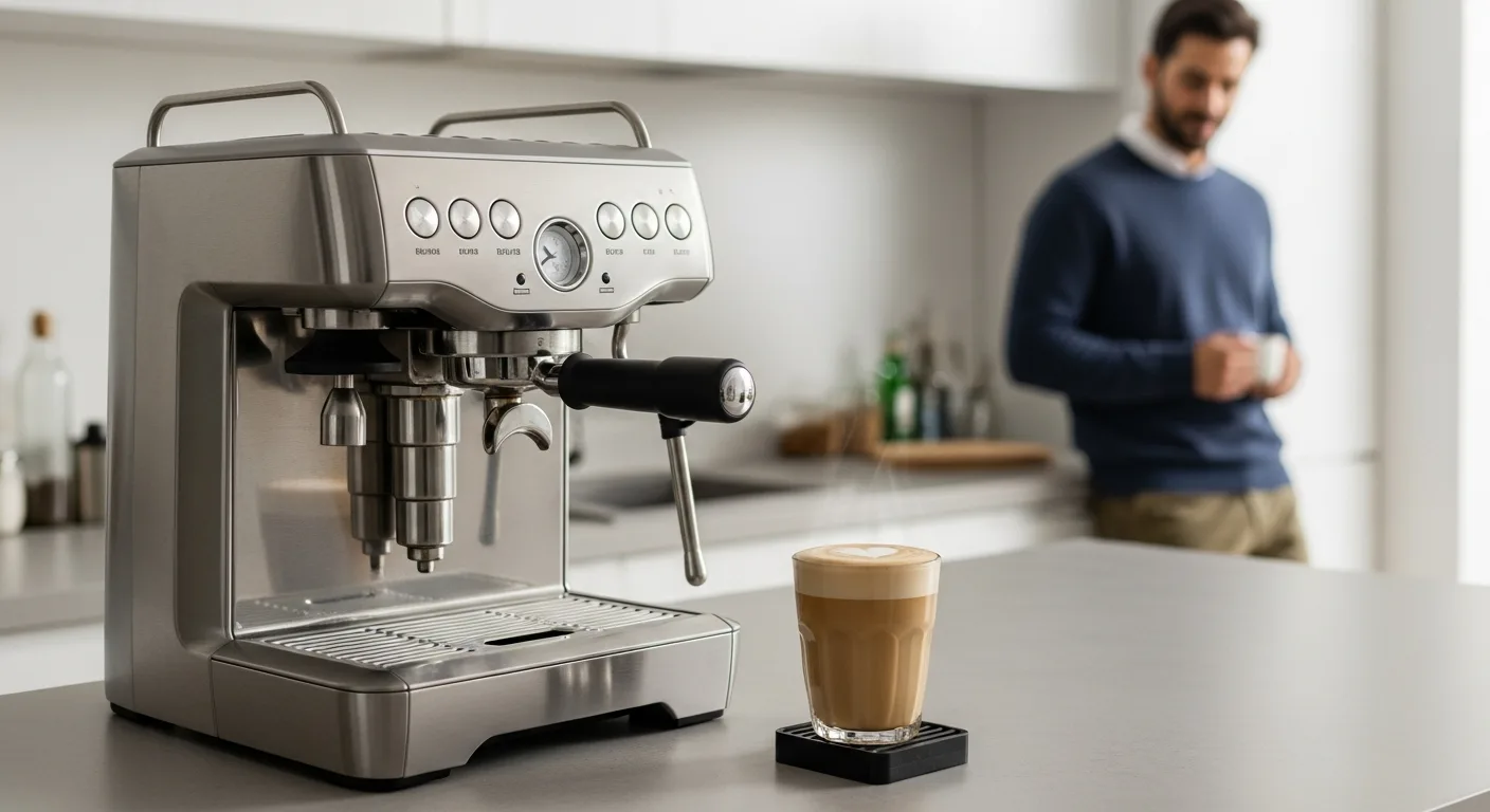 A high-end at home espresso machine on a marble countertop with a freshly brewed cup of coffee.