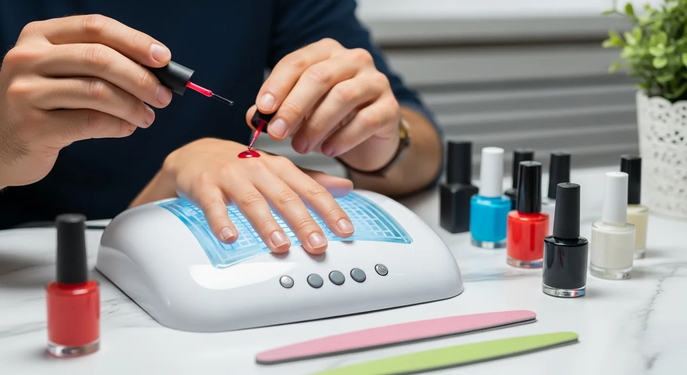 A man achieving professional at home gel nails using a modern LED lamp and high-quality manicure tools.