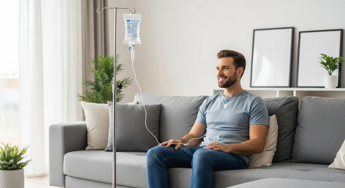 A man relaxing on a sofa while receiving at home iv fluids for rapid hydration and recovery.