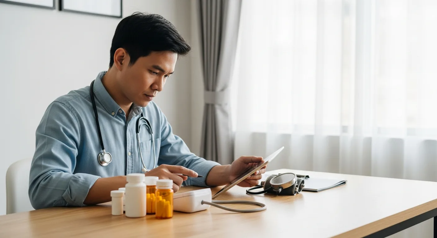 A man organizing his at home medical supplies and reviewing a health checklist in a well-lit living room.