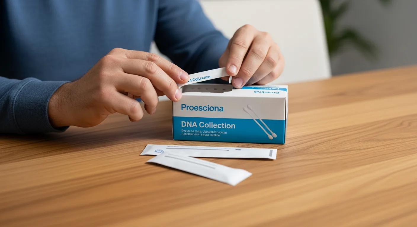 A man holding an at home paternity test collection kit with a cotton swab in a bright room.
