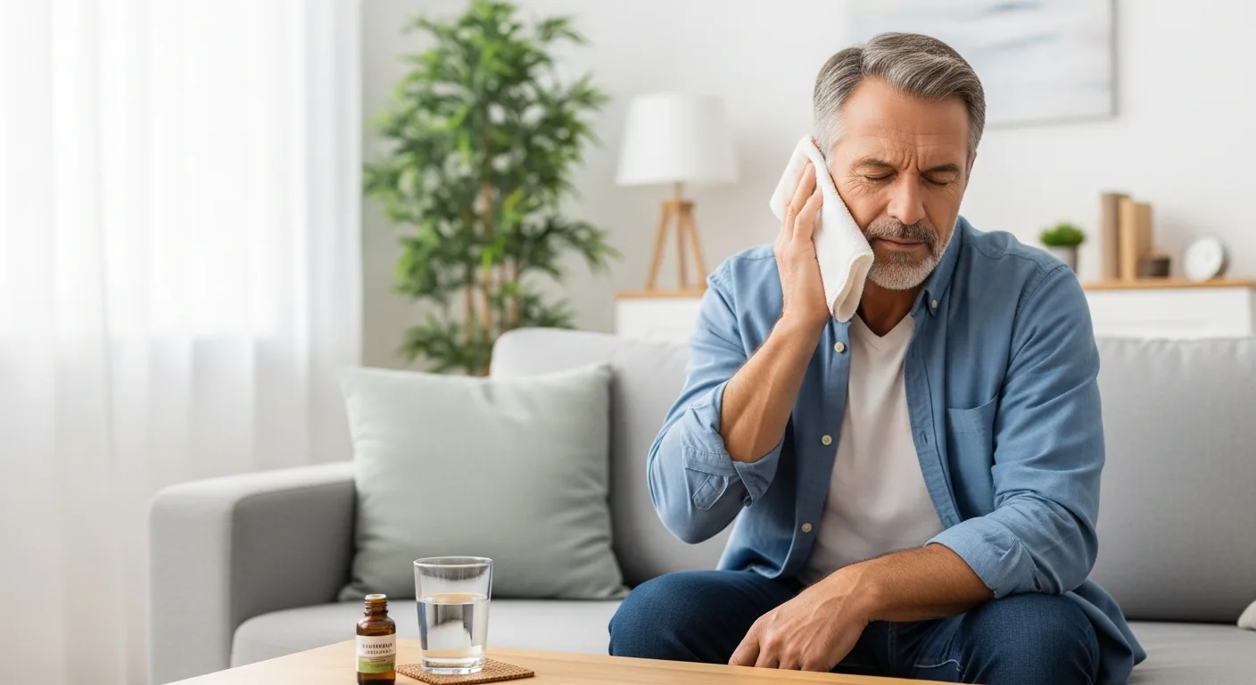 A man applying a warm compress as one of the effective at home remedies for ear infection relief.