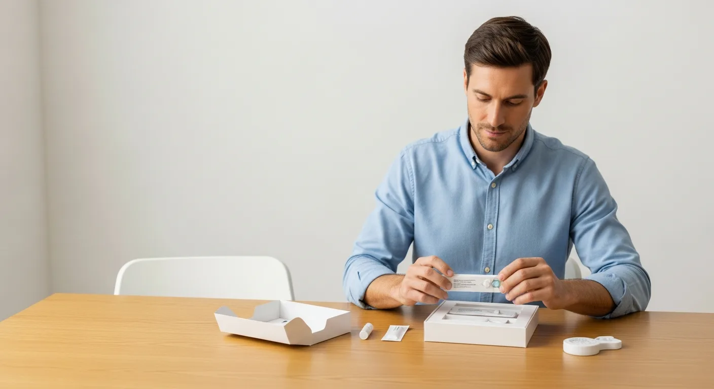 A man holding an at home std test kit in a private, modern setting for health screening.