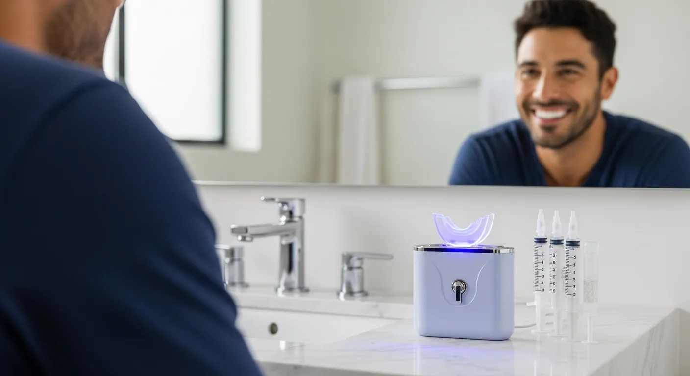 Professional at home teeth whitening kit with an LED mouthpiece and gel syringes on a clean marble bathroom counter.