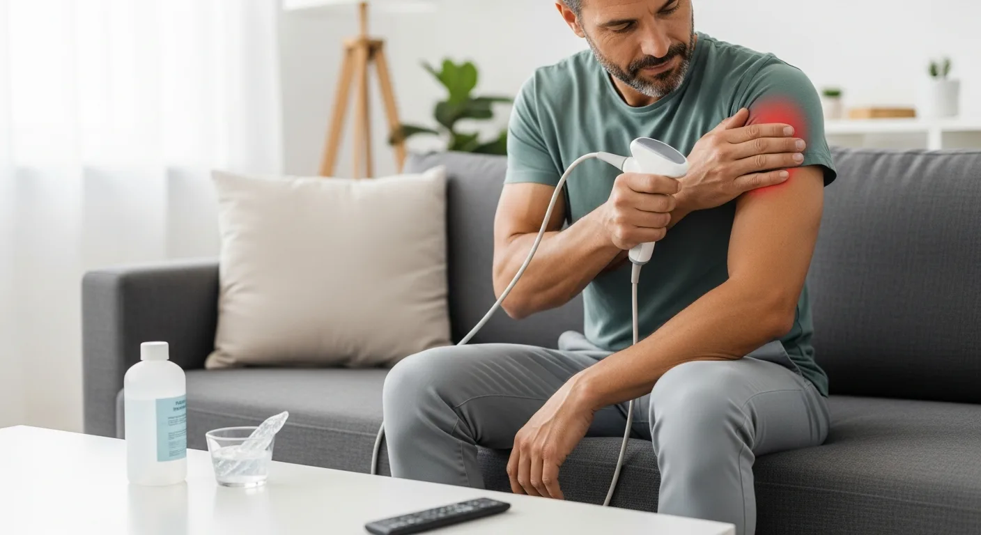 A man using a portable at home ultrasound machine on his knee for physical therapy recovery.