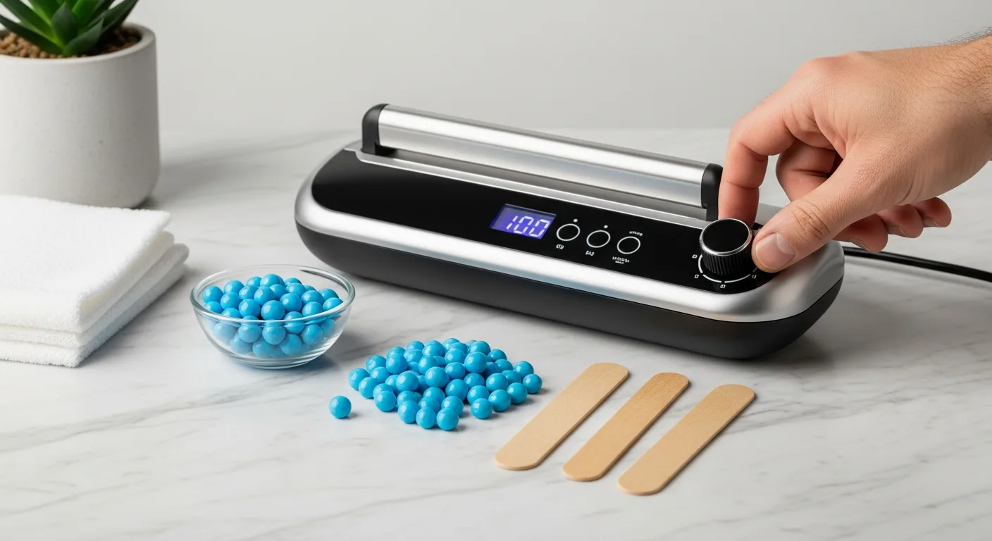 A professional at home wax kit with a digital warmer and wooden applicators on a modern bathroom counter.