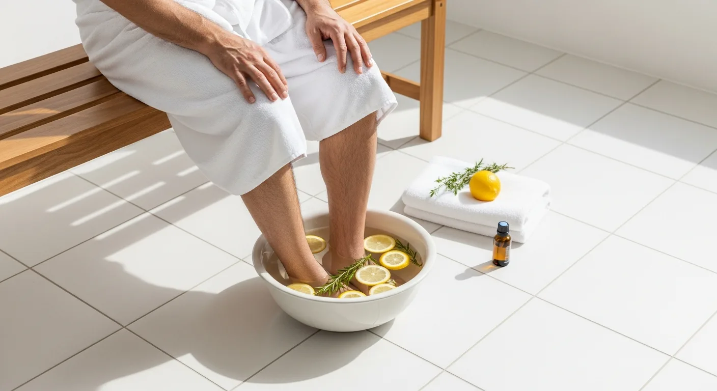 A man applying a natural athlete's foot home remedy to his foot while sitting in a bright bathroom.