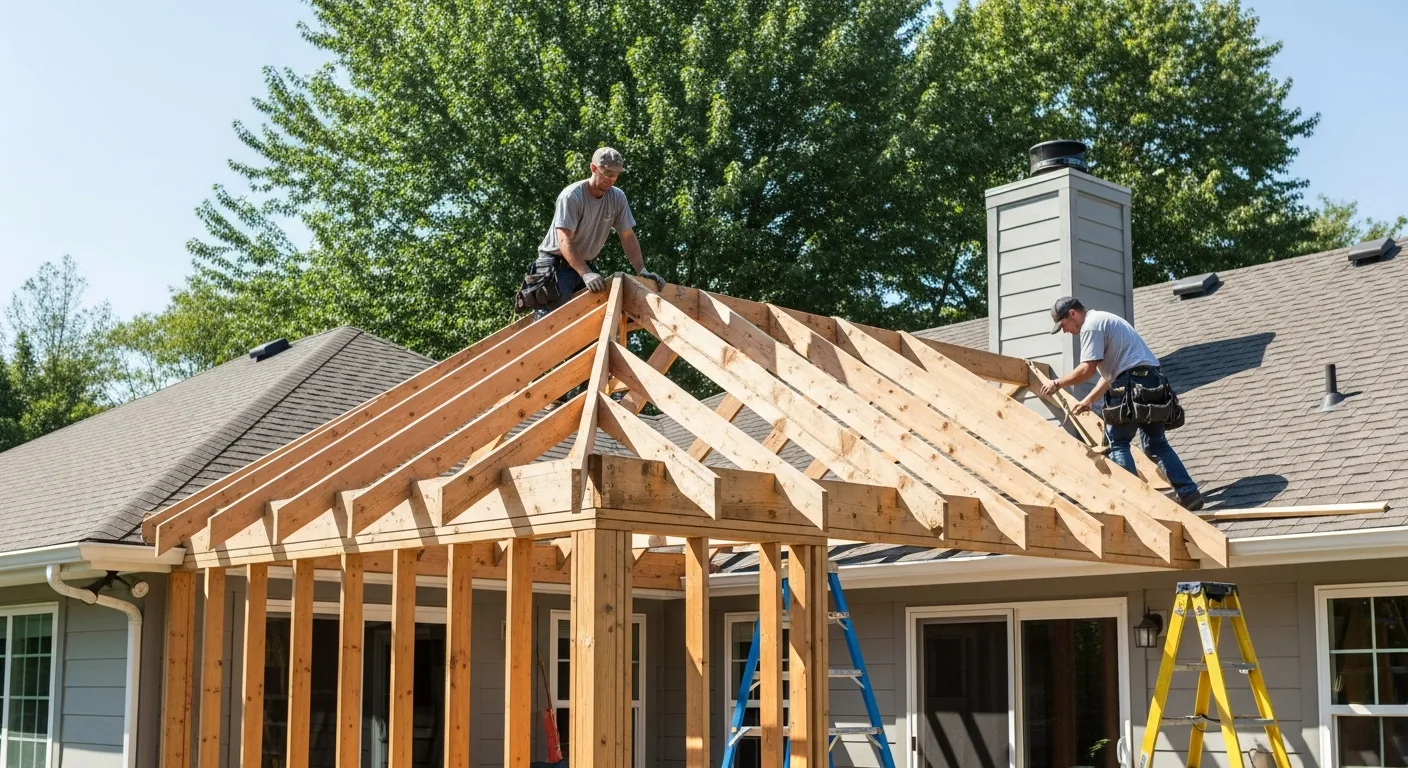 A professional contractor securing beams to attach roof over deck from house using proper flashing and hardware.