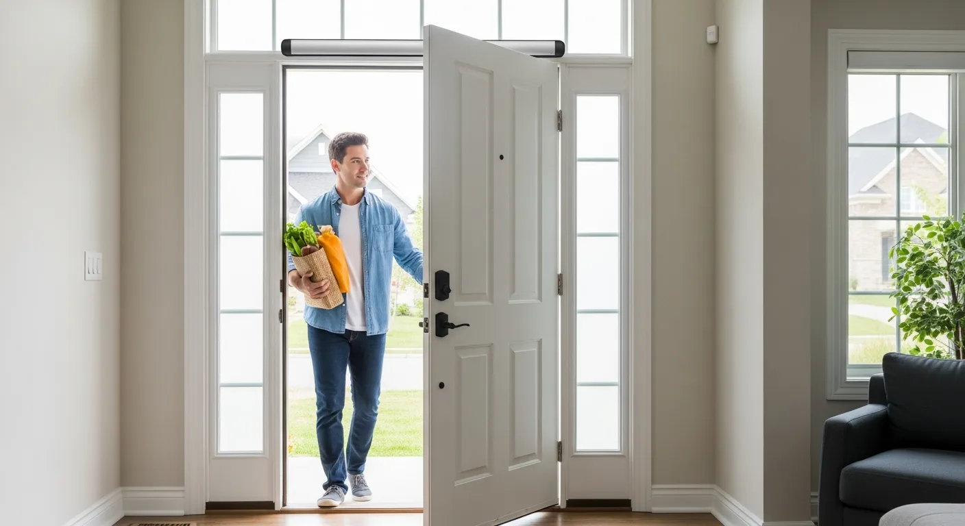 A man entering a modern house using an automatic door opener for home for convenient hands-free access.