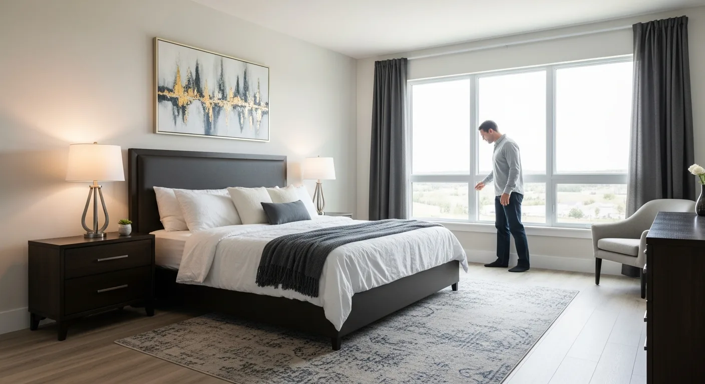 A modern minimalist room illustrating the average bedroom size with a large bed and side tables.