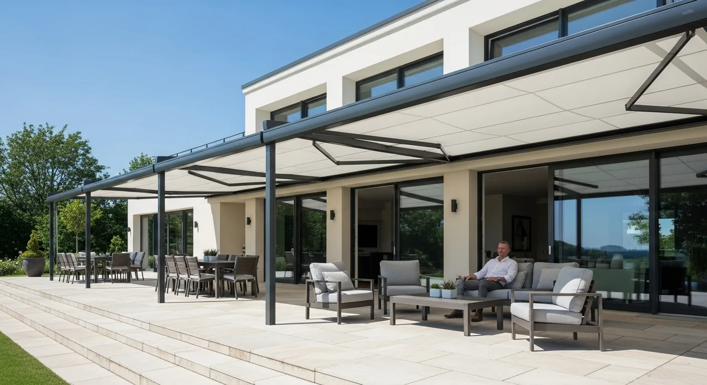 Stylish retractable fabric awnings for house installed over a sunny outdoor patio to provide shade and comfort.