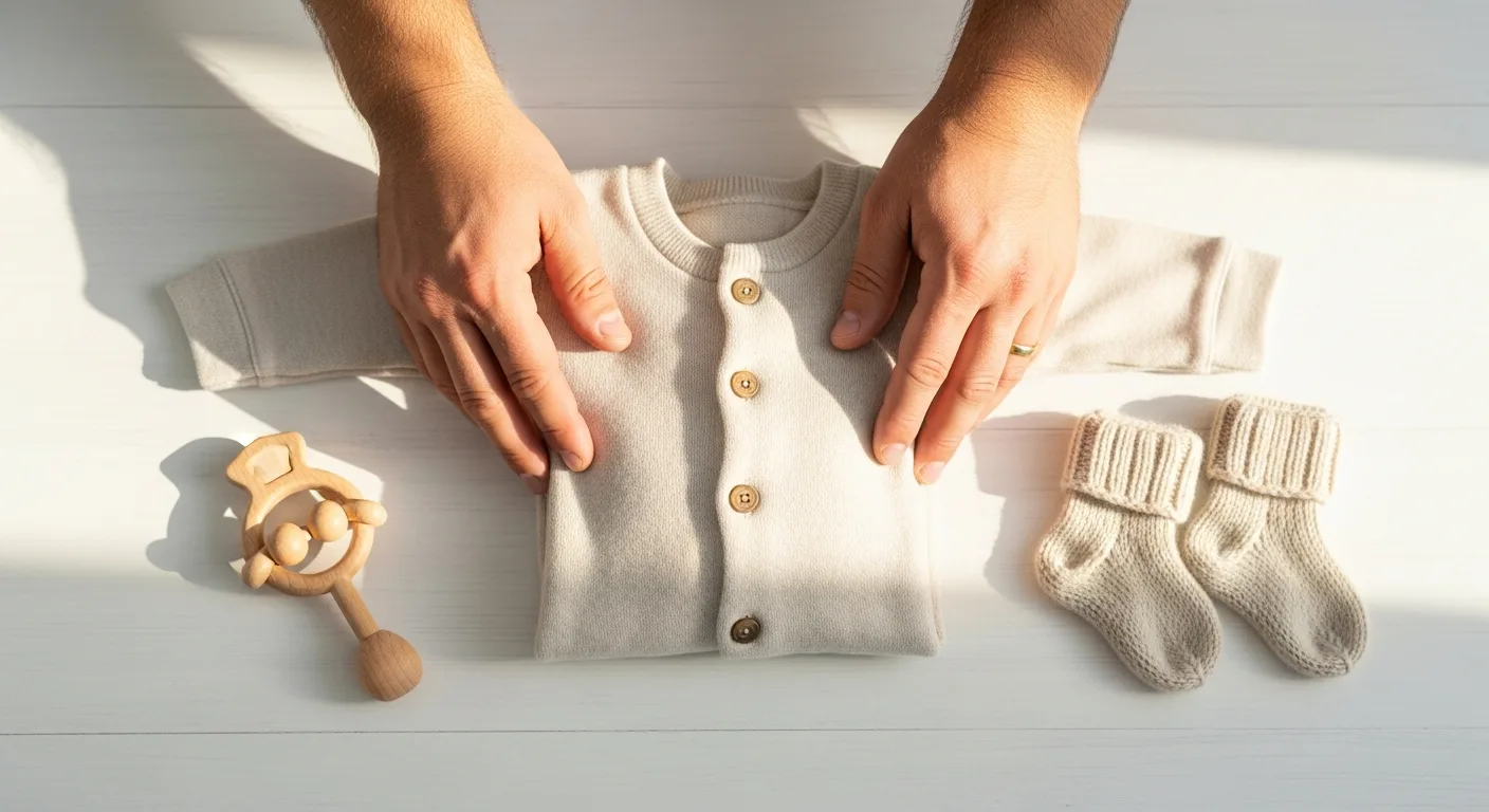 A soft cotton baby coming home outfit with a matching hat and tiny booties on a neutral nursery blanket.