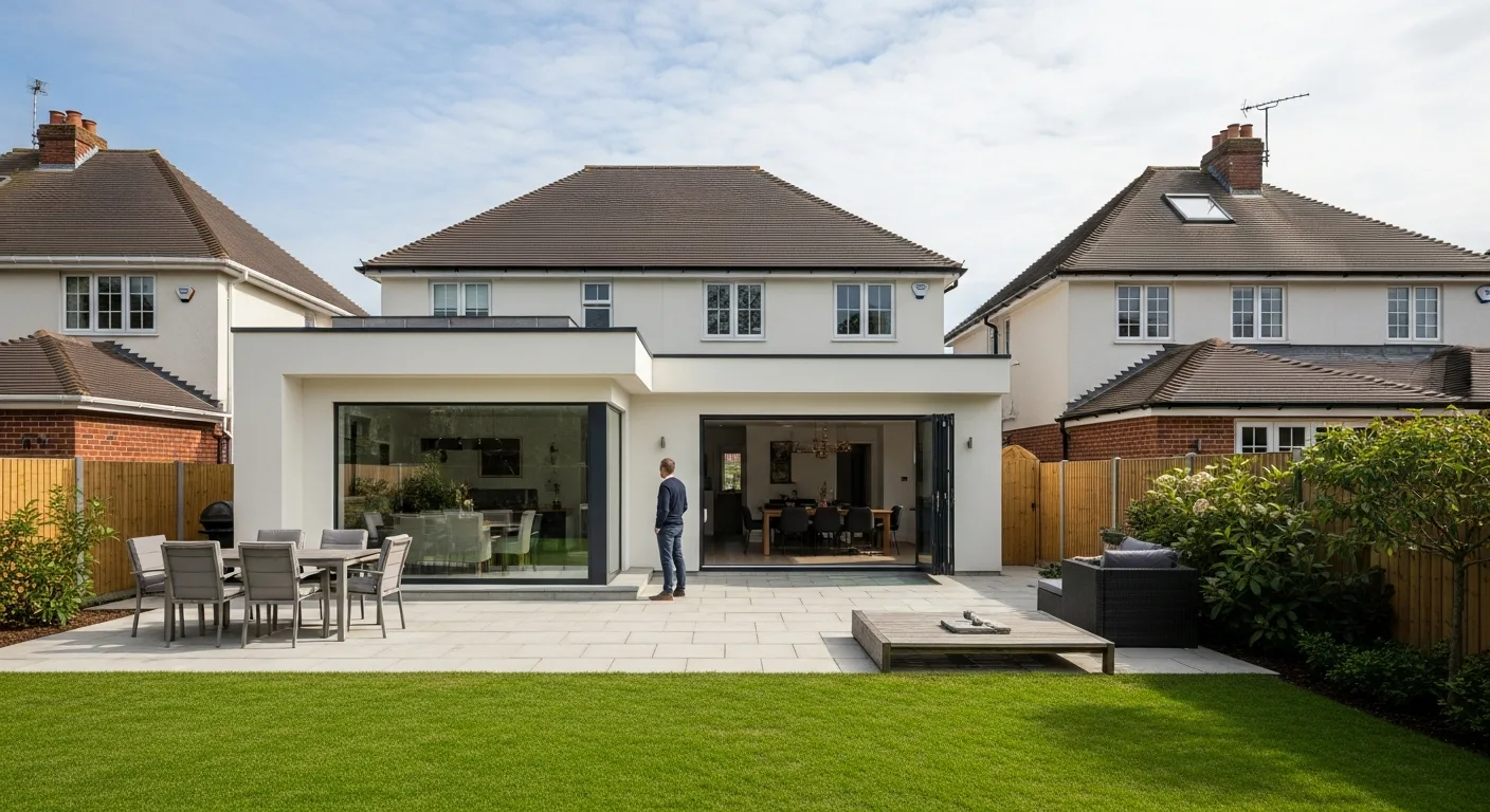 Modern residential home showcasing seamless back house room additions for improved utility and value.