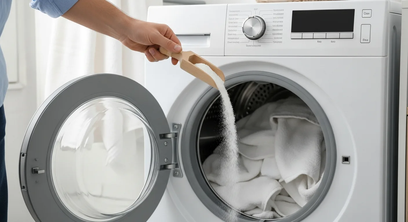 A man pouring a scoop of baking soda in laundry machine to brighten and freshen white clothes.