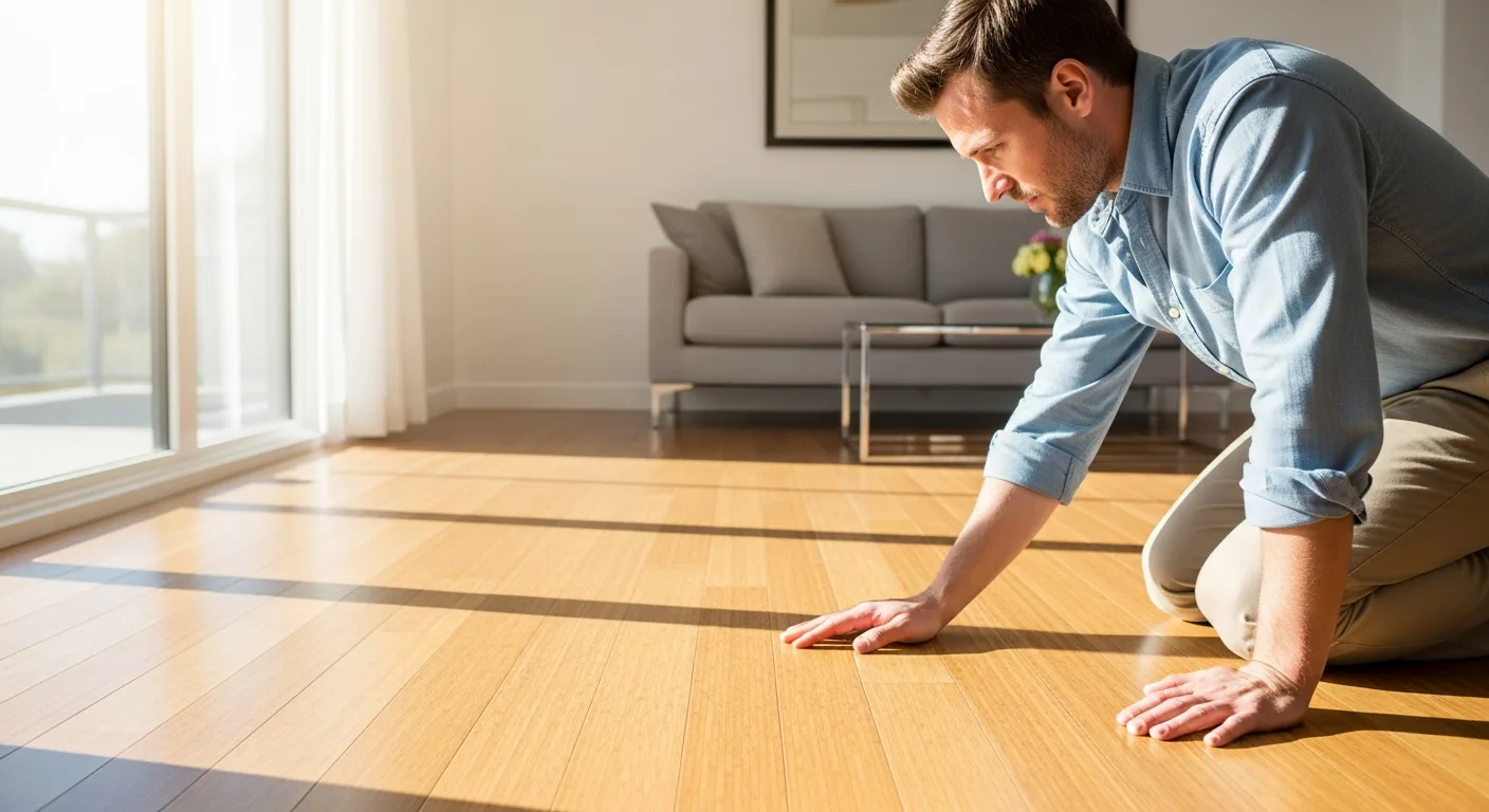 Modern eco-friendly home interior with light-colored bamboo hardwood flooring in a sunlit living room.