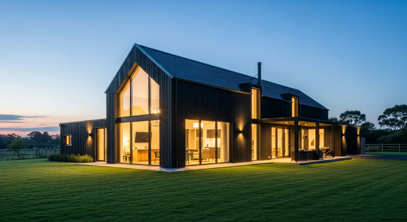 A modern barn style house with sleek black siding and expansive glass windows during a golden hour sunset.