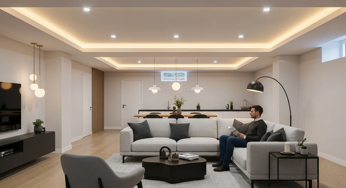 Modern basement lighting ideas featuring recessed LEDs and track fixtures in a bright, finished living space.