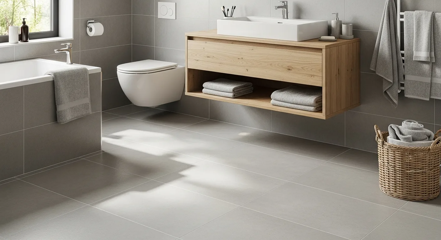 Modern bathroom flooring ideas featuring durable grey porcelain tiles and a minimalist wood vanity.