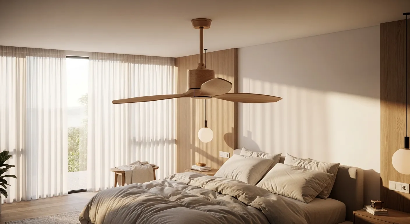 Stylish white bedroom ceiling fan circulating air in a peaceful master suite for a quiet night's sleep.