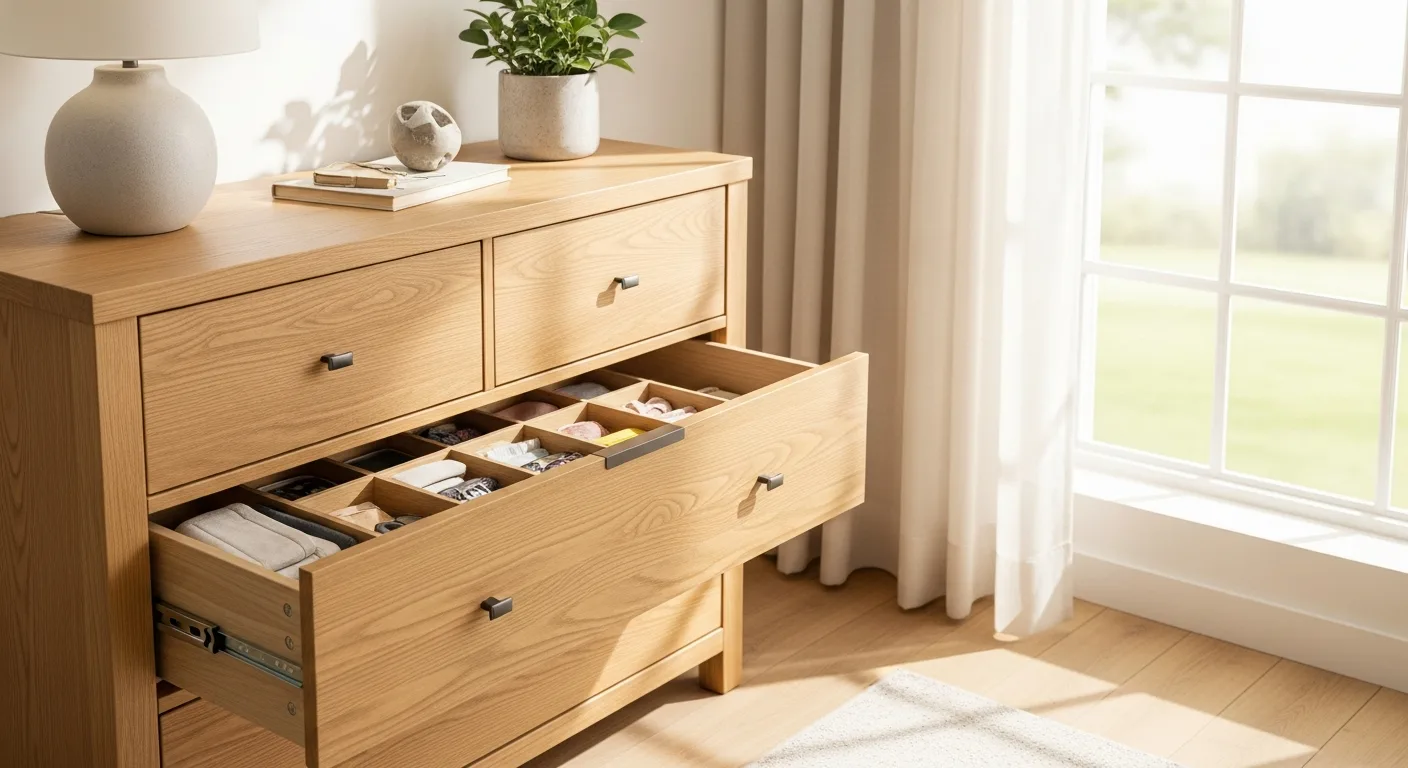 A modern and organized wooden bedroom chest of drawers with neatly folded clothes and minimalist decor.