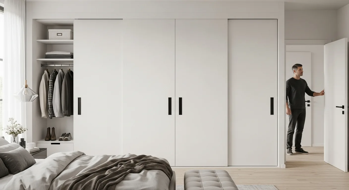 Modern sliding bedroom closet doors in a bright, contemporary minimalist master suite.