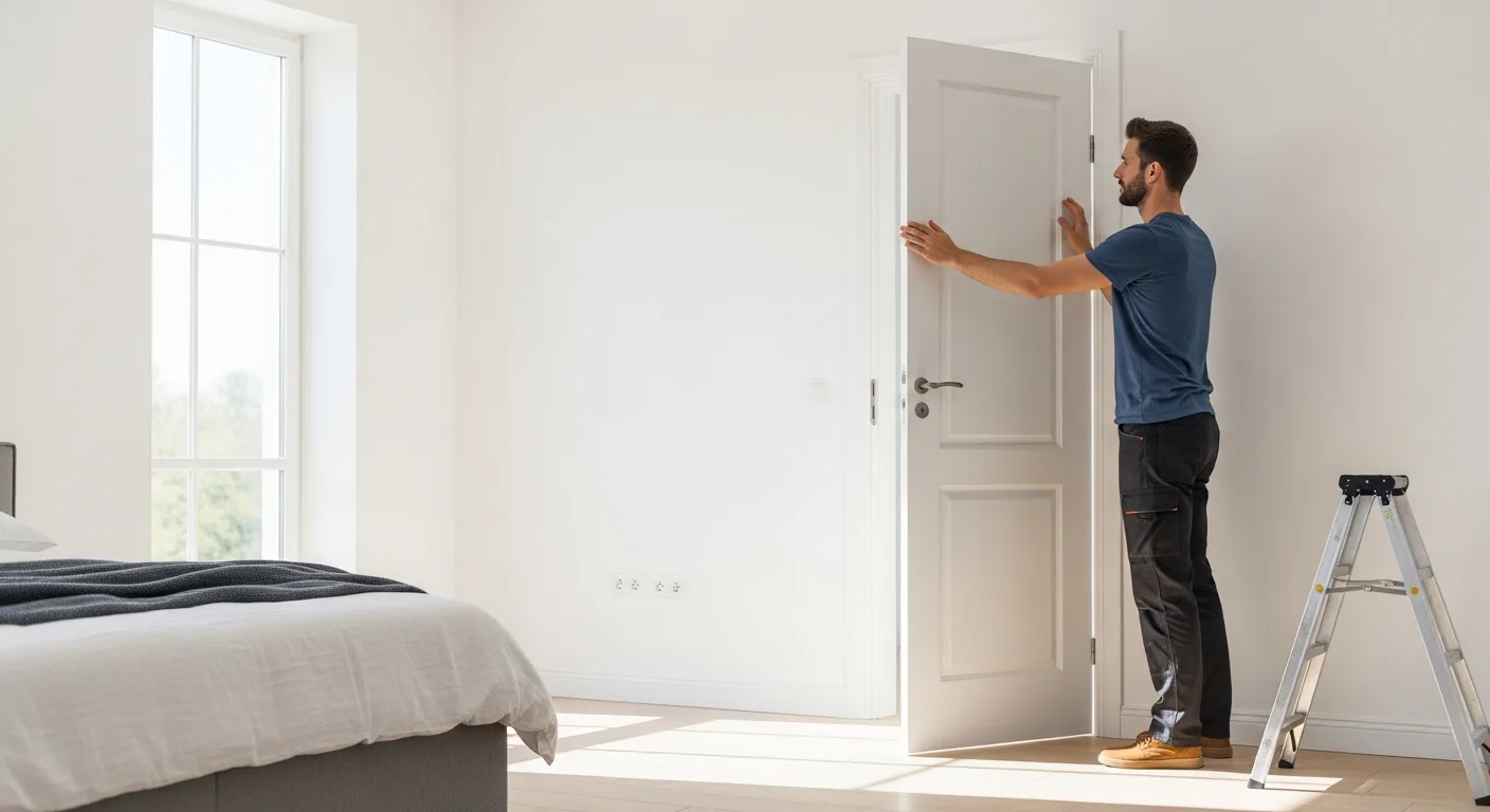 A stylish modern interior featuring a bedroom door replacement with high-quality hardware in a well-lit home.