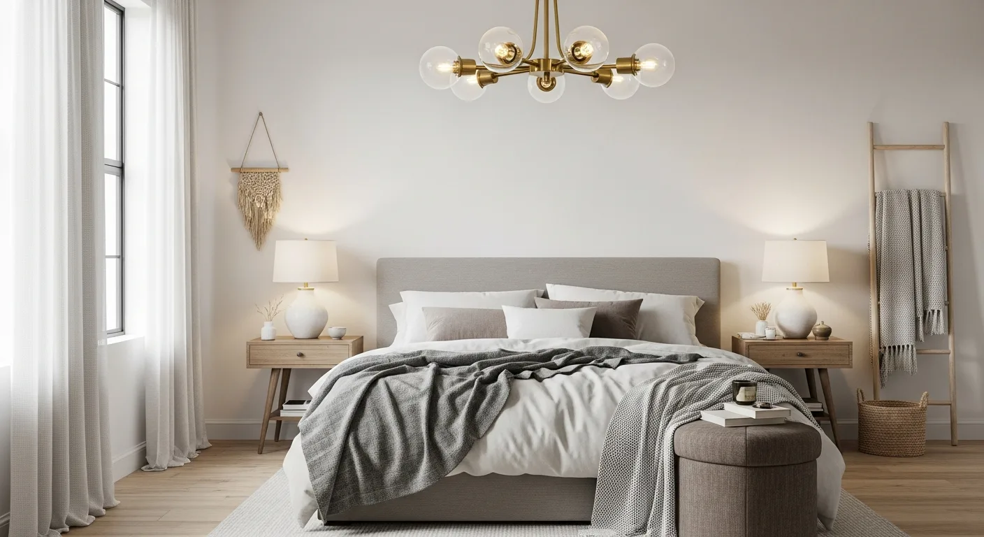 Elegant bedroom light fixtures casting a warm, ambient glow in a modern and serene bedroom setting.