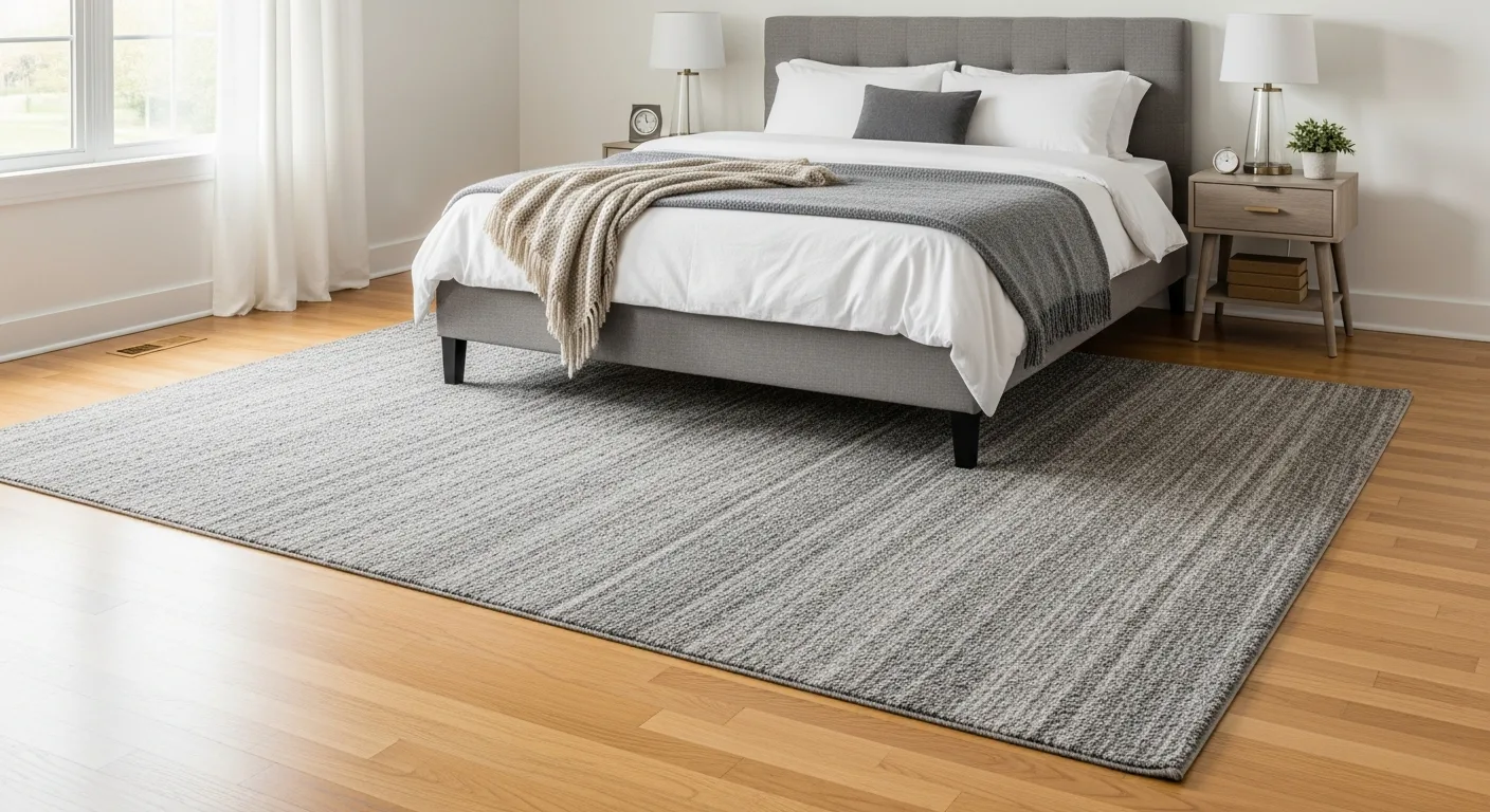 Ideal bedroom rug placement featuring a large neutral area rug positioned under the lower two-thirds of a bed frame.
