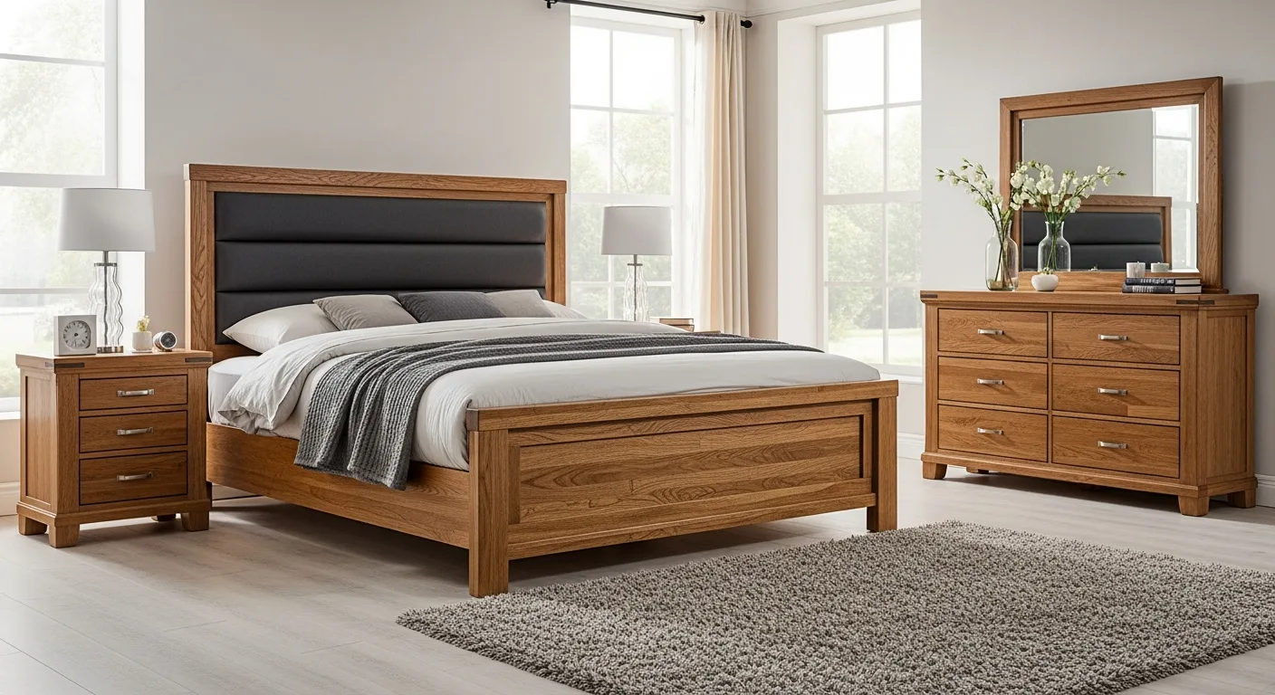 A luxury bedroom set king with a tufted headboard and matching nightstands in a modern, sunlit master suite.