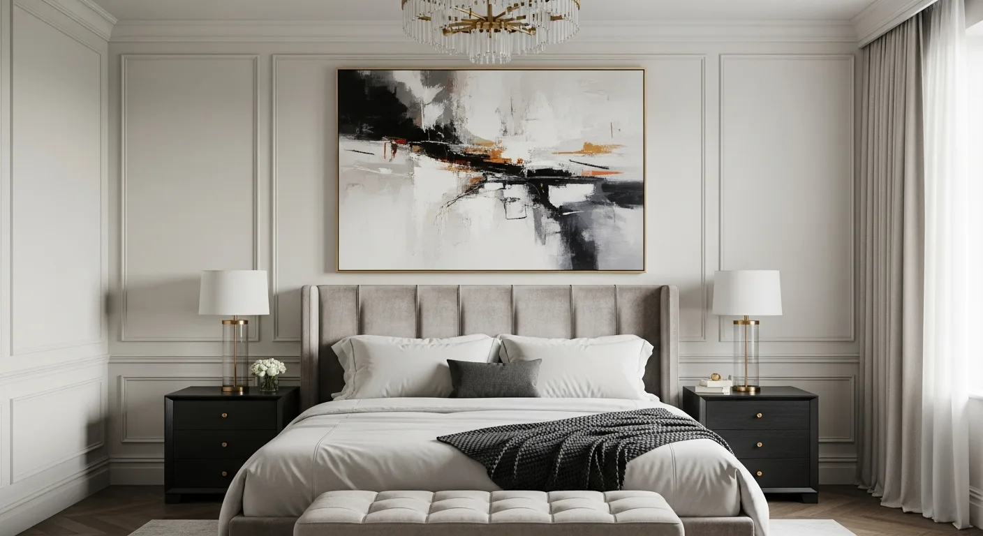 Sophisticated bedroom wall art displayed above a plush bed in a refined, modern master suite.
