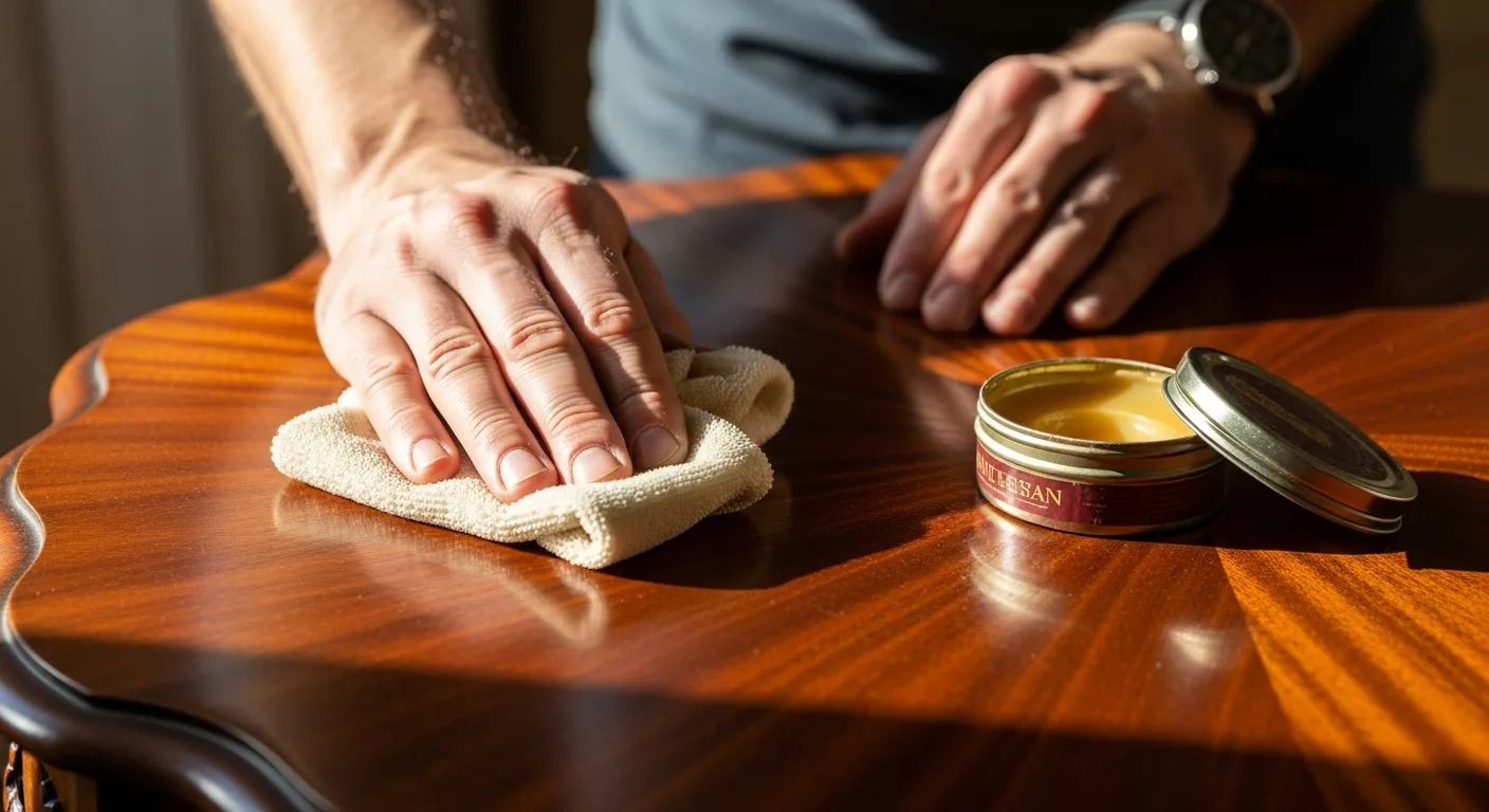 Applying natural beeswax furniture polish to an antique wood dresser to restore its deep shine and grain.