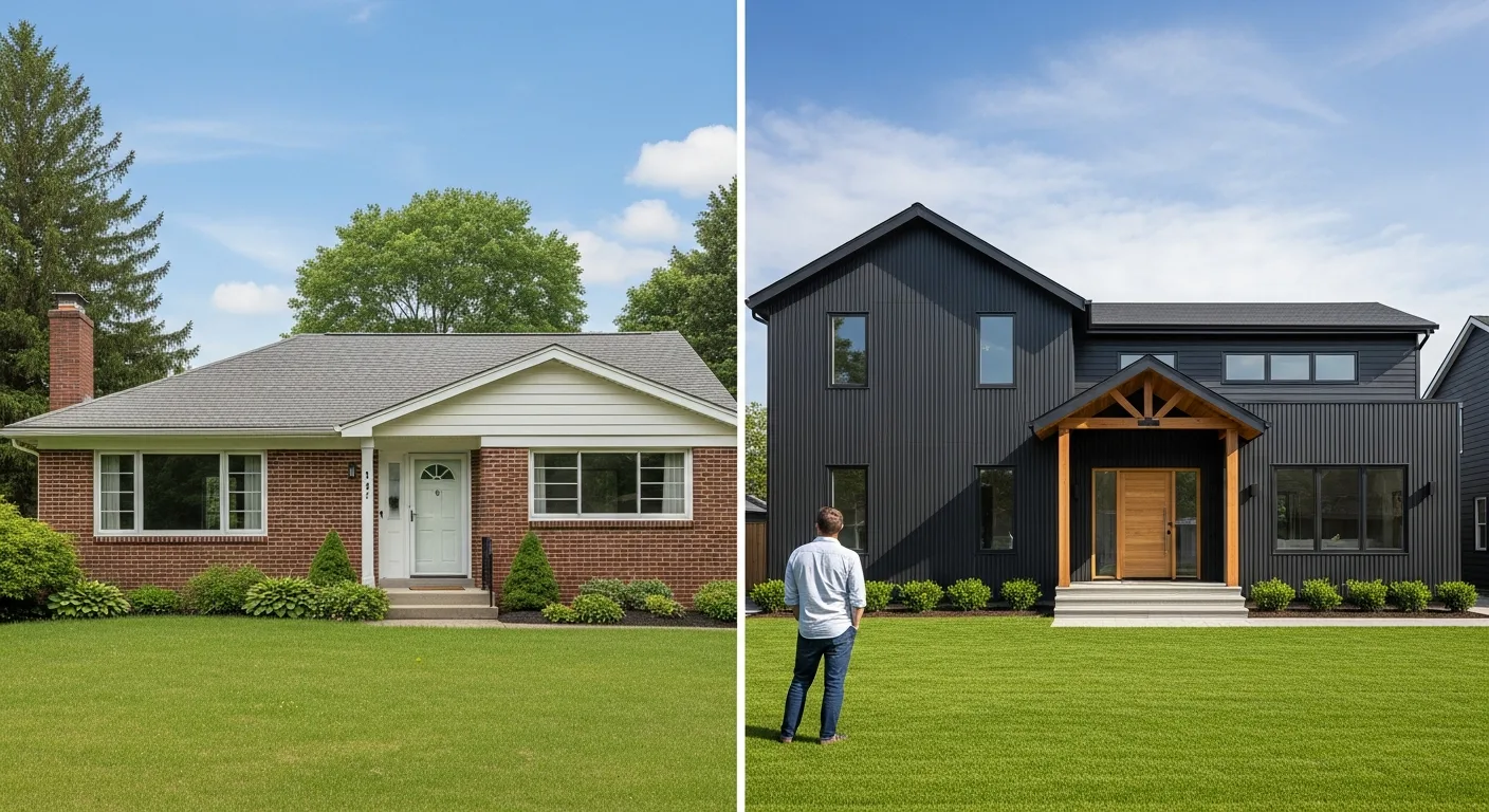 A stunning before and after 1960s ranch house exterior remodel featuring modern dark siding and wood accents.