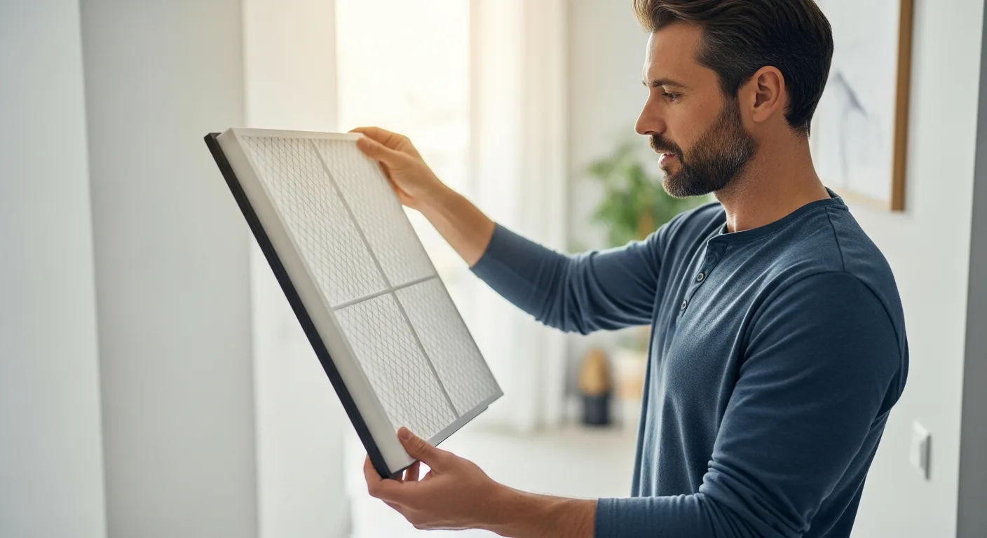 A man holding the best air filter for home next to an HVAC vent for maximum indoor air efficiency.