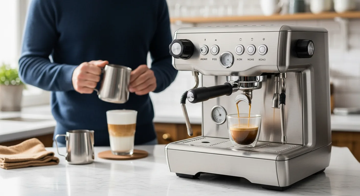 A premium best at home espresso machine brewing a fresh double shot on a modern kitchen countertop.