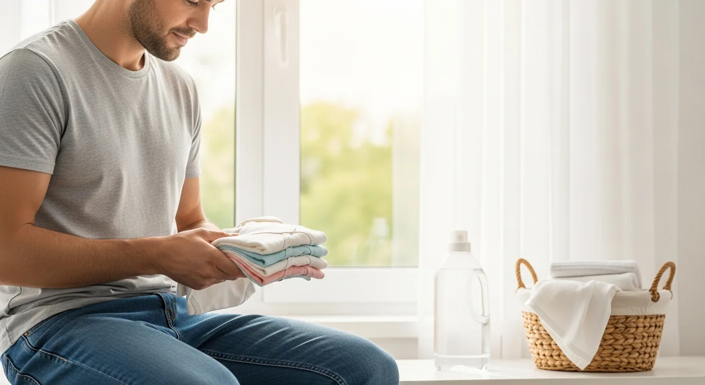 A man sorting soft infant clothes next to the best baby laundry detergent for sensitive skin.