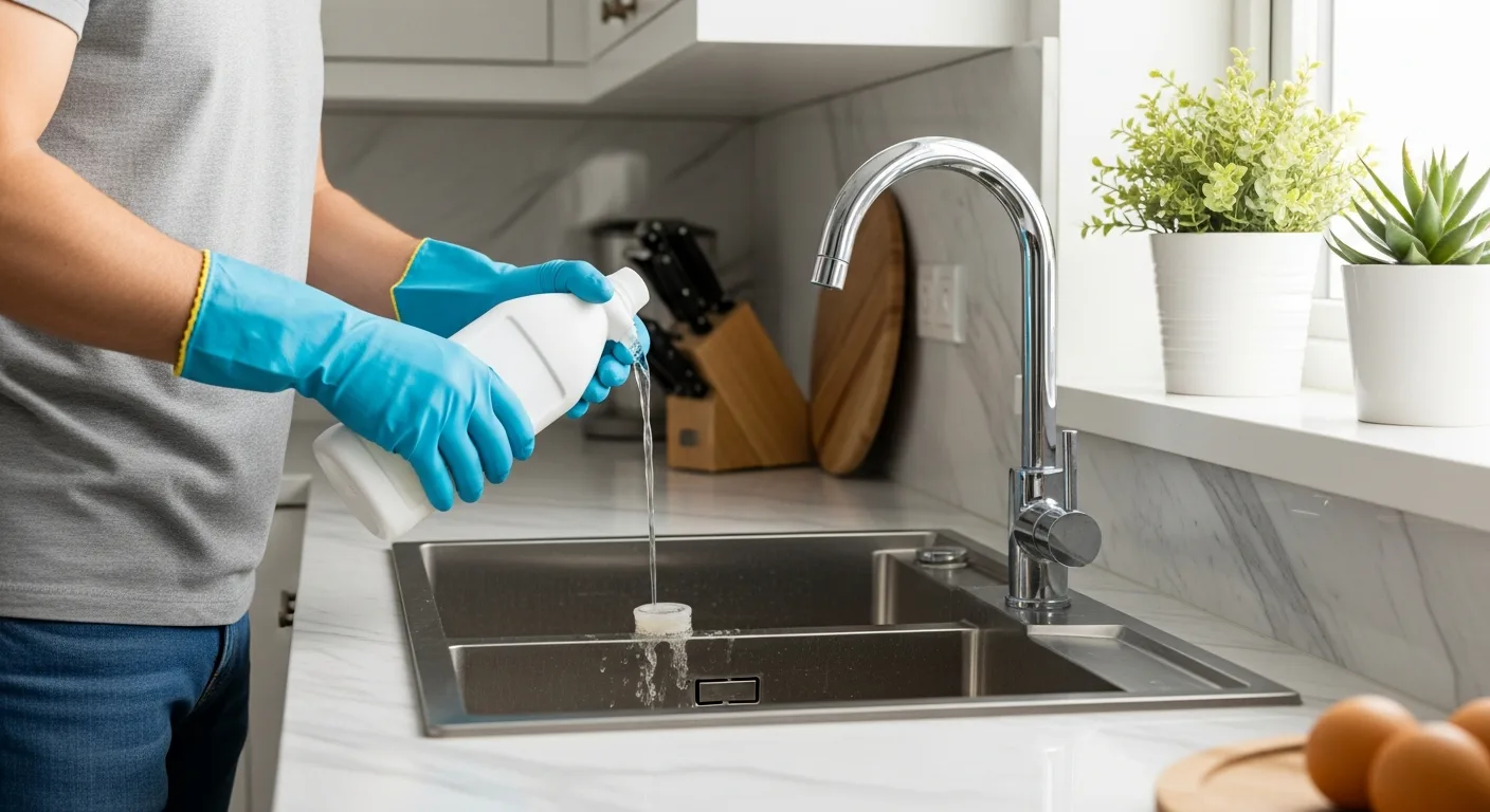 A man using the best drain cleaner for kitchen sink to resolve a clog in a stainless steel basin.