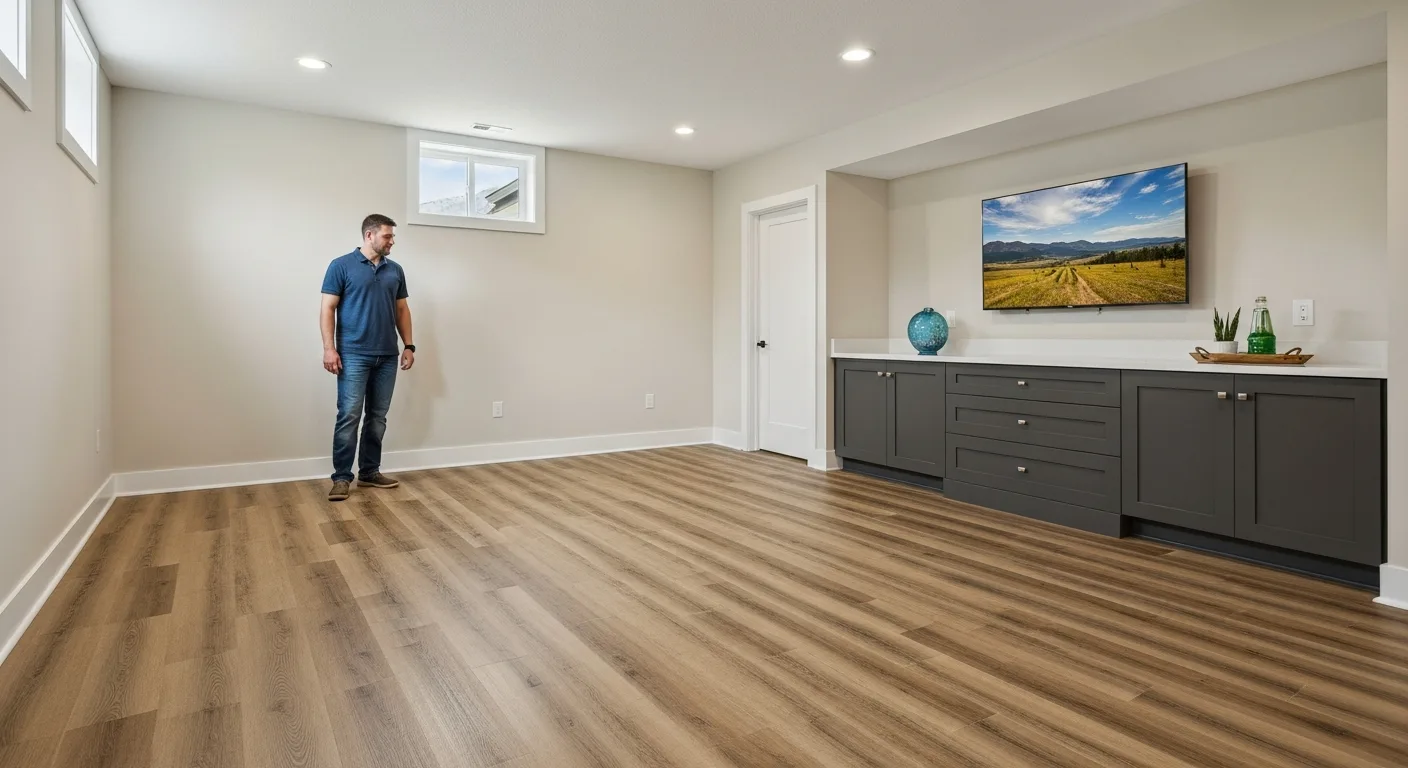 A modern finished room featuring the best flooring for basements with moisture-resistant luxury vinyl planks.