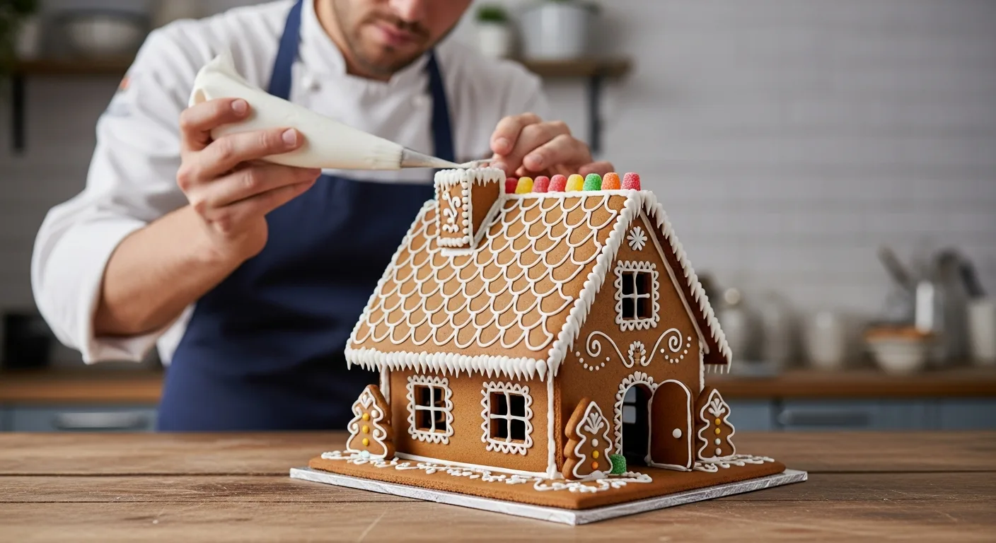 A detailed close-up of the best gingerbread house featuring professional royal icing and festive candy decorations.