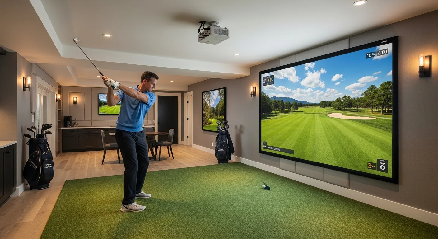 A man practicing his swing using the best golf simulator for home in a luxury indoor residential setup.