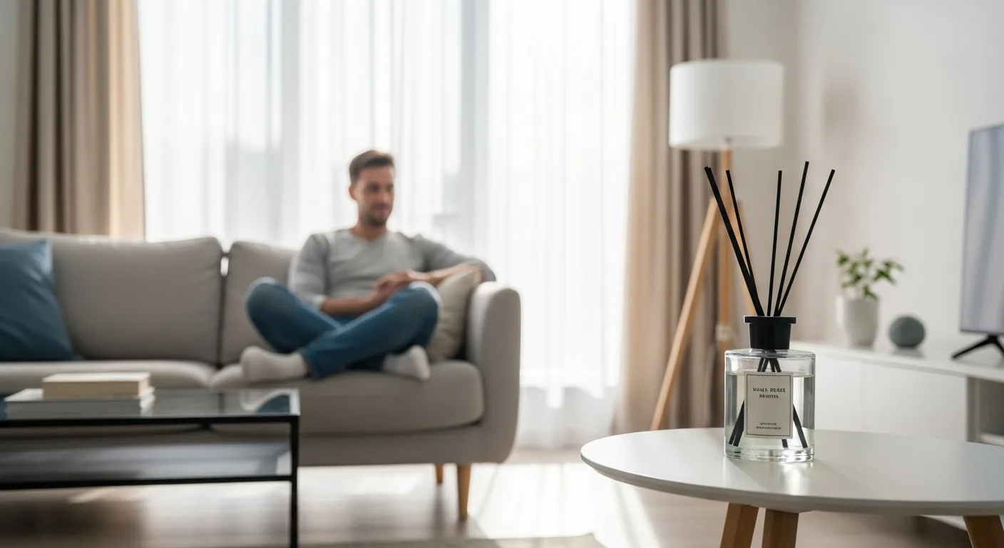 A modern living room featuring the best home air freshener on a wooden coffee table.